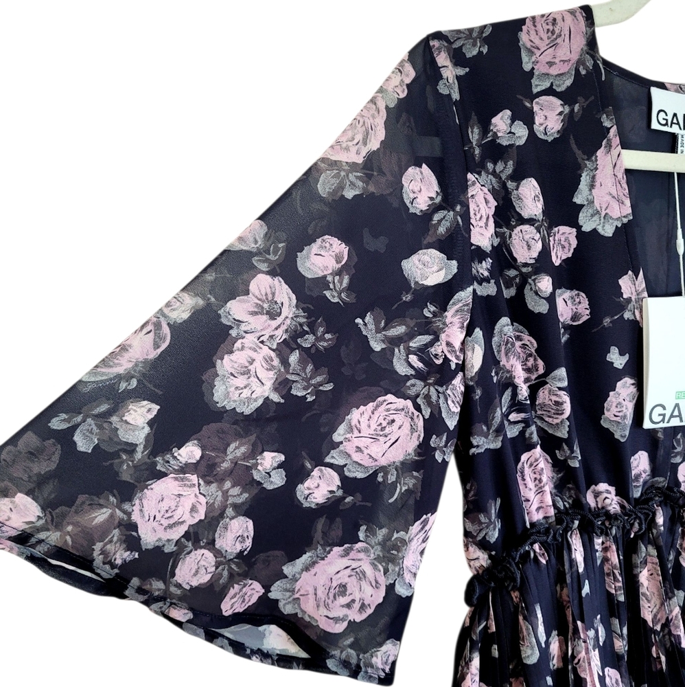 NWT GANNI Pleated Georgette V Neck Flounce Mini Dress In Phantom Floral Size 0 - Picture 5 of 14